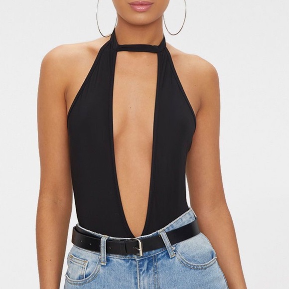 PrettyLittleThing Tops - Black Slinky Tie Neck Deep Plunge Thong Bodysuit
